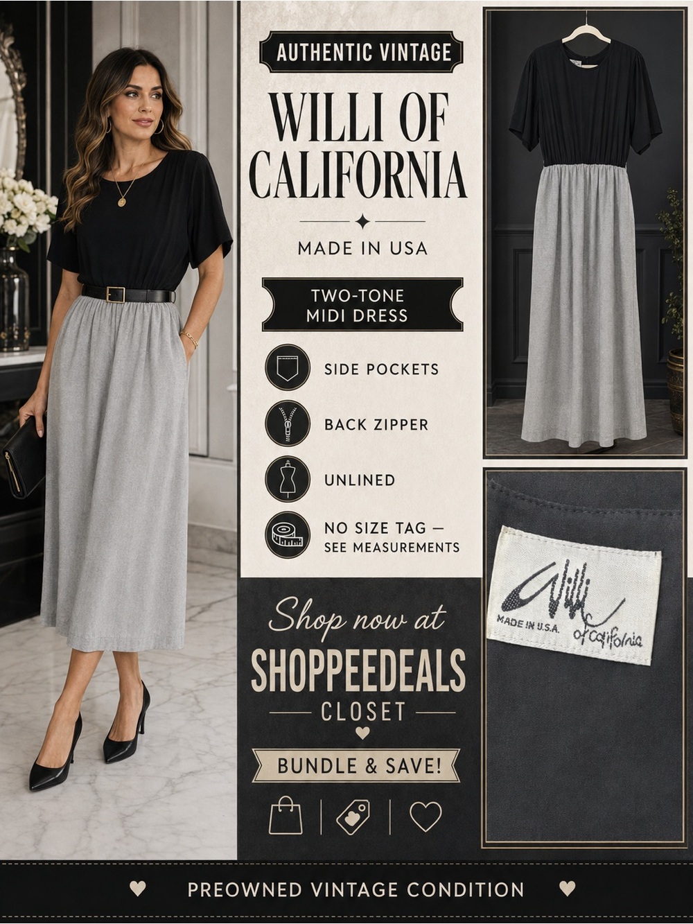 Vintage Willi of California Colorblock Midi Dress Made in USA No Size